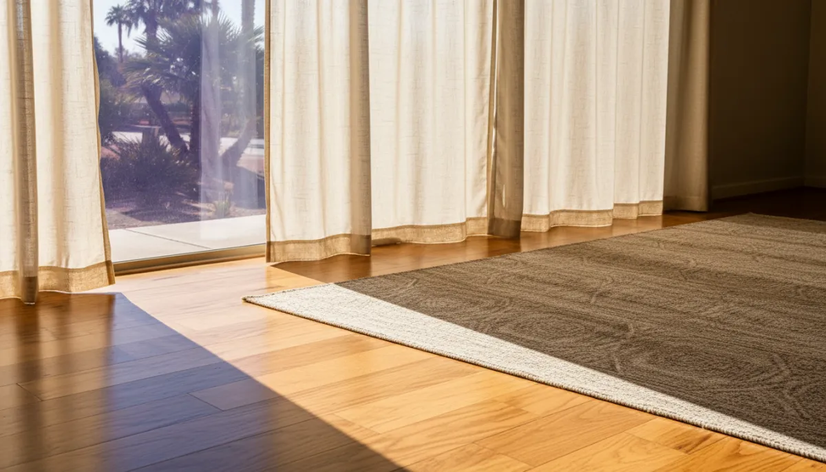 Sunlit hardwood floor near a large window with protective coverings