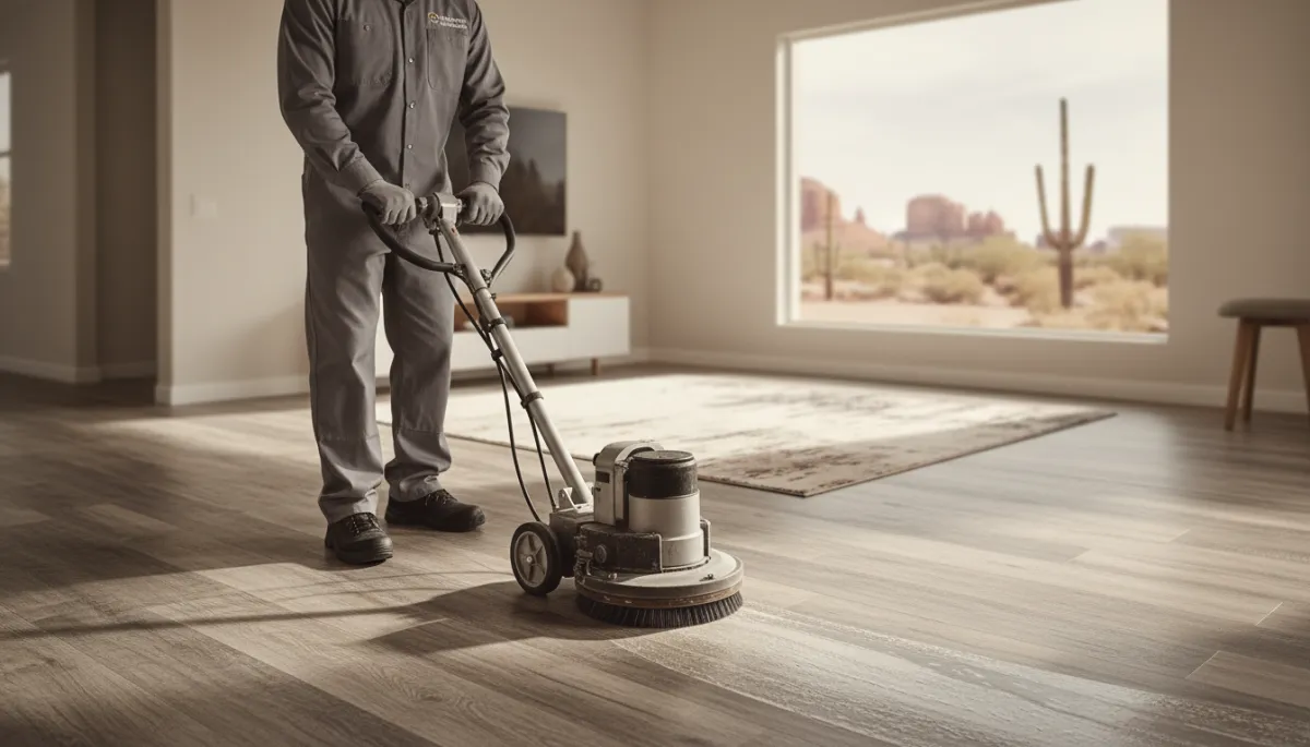 Technician providing professional cleaning services on vinyl plank flooring
