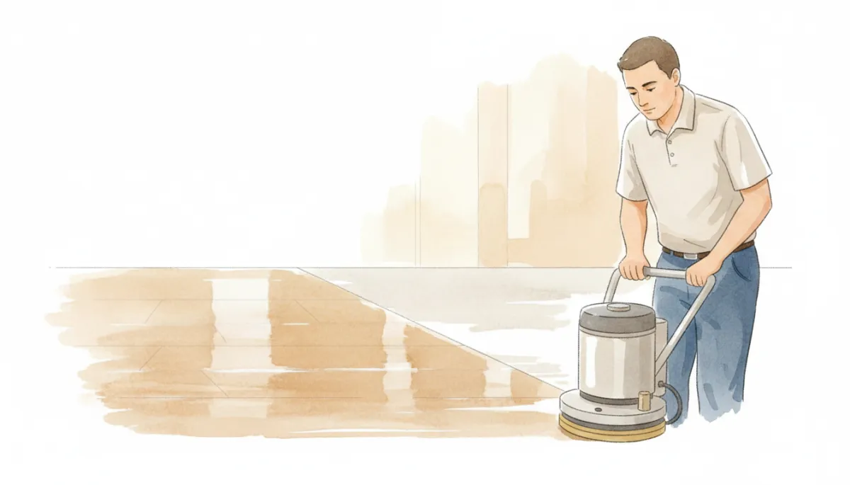 Technician using professional low-moisture equipment to restore a cloudy floor surface