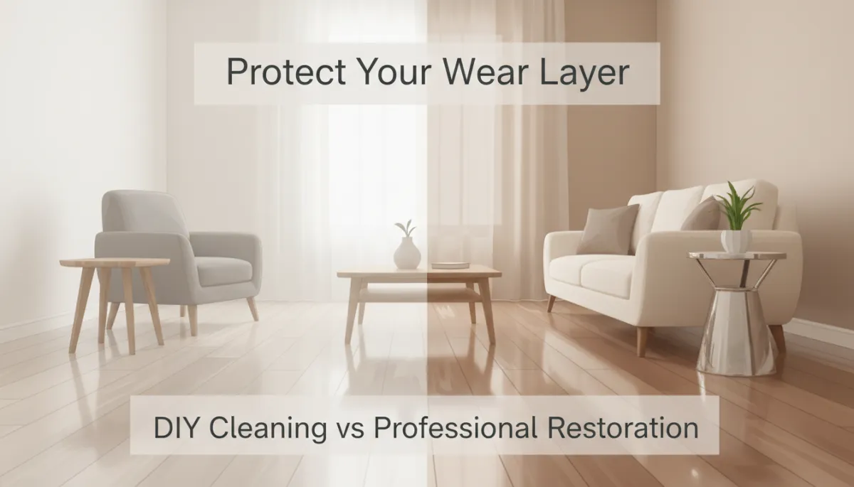 professional, neutral-toned living room with luxury vinyl plank flooring; left side dull and cloudy from DIY cleaning, right side rich and glossy after professional restoration; subtle text overlay reading 'Protect Your Wear Layer' and 'DIY Cleaning vs Professional Restoration'