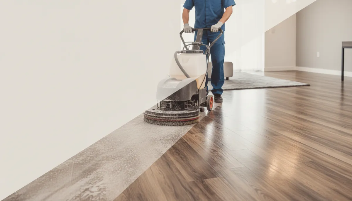 Technician removing wax and residue from luxury vinyl plank flooring