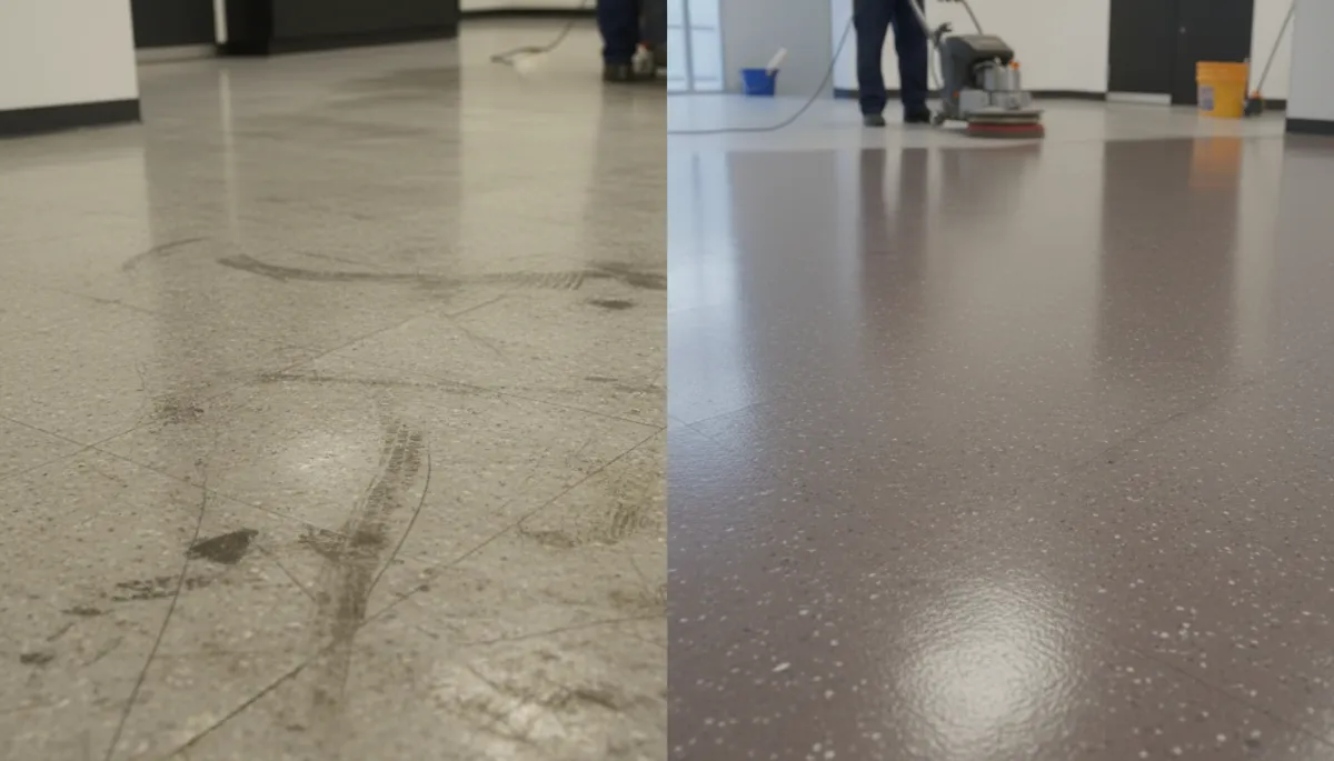 Before and after comparison of commercial floor cleaned and restored by professionals