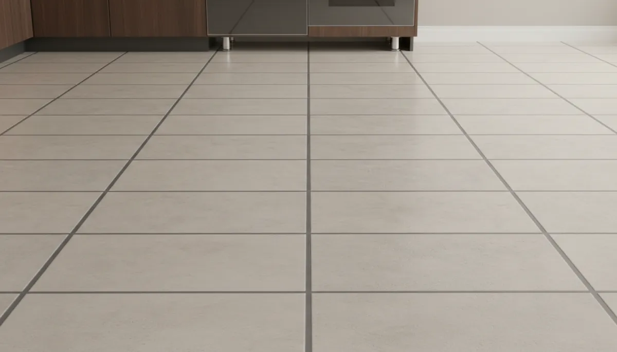 Comparison of color sealed grout and untreated grout on a rental kitchen floor
