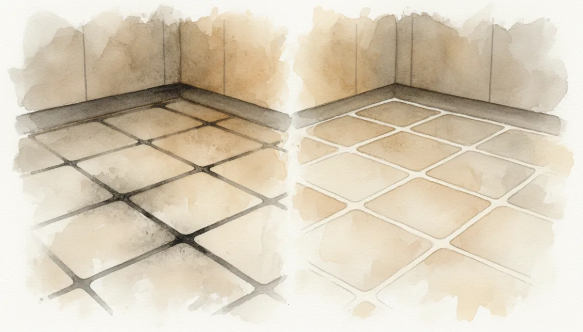 Kitchen tile floor comparison showing stained grout next to evenly color sealed grout
