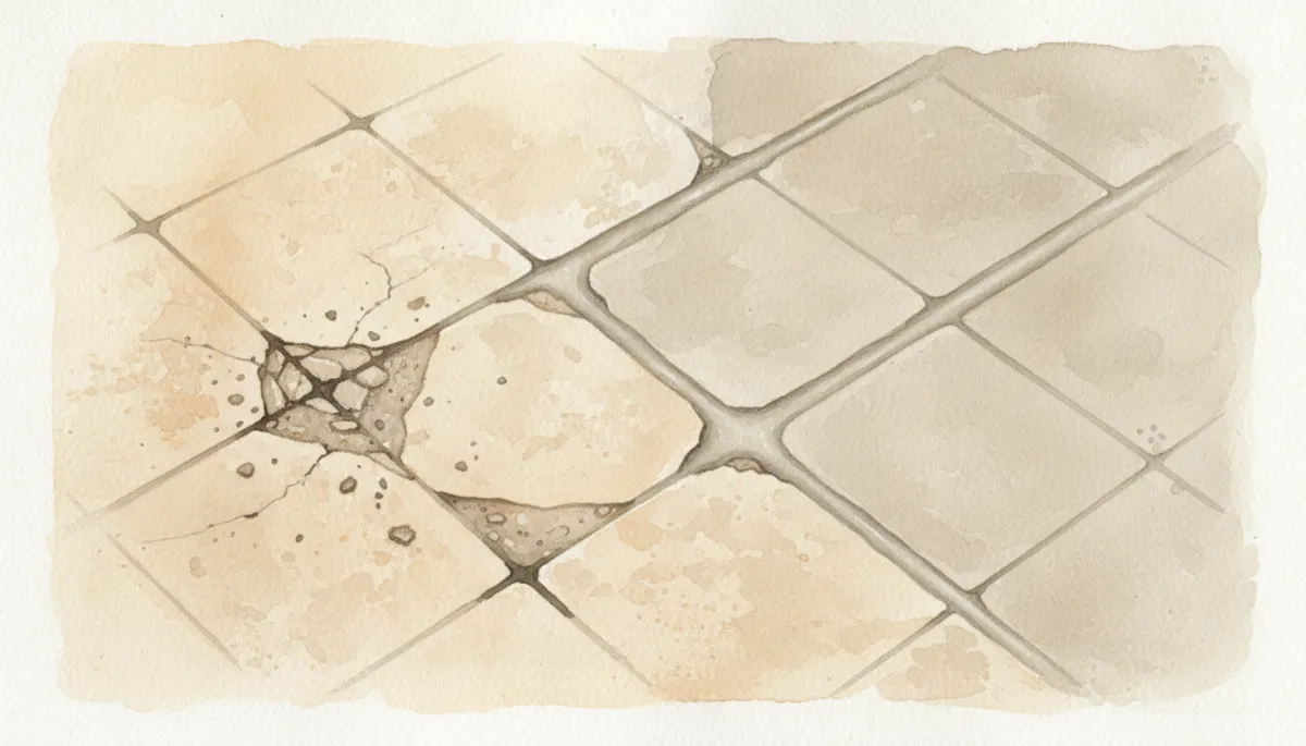 Tile floor showing damaged grout beside a section that has been professionally repaired and sealed