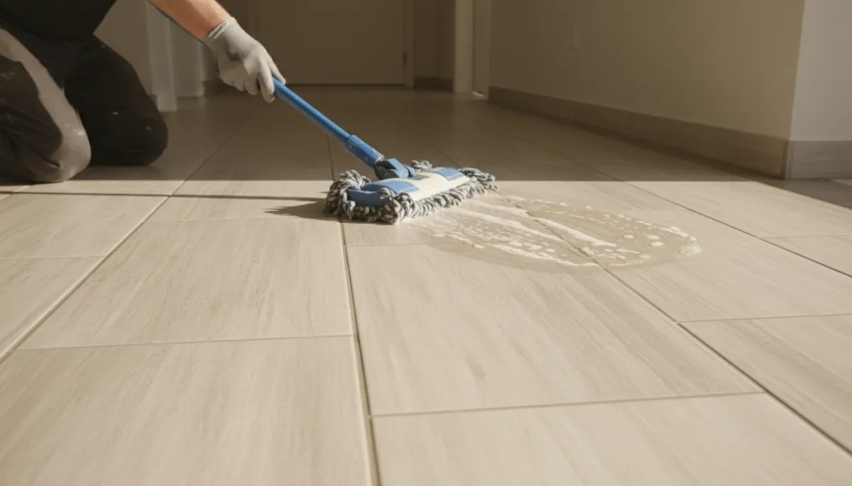 Technician performing gentle maintenance cleaning on color-sealed grout with microfiber mop
