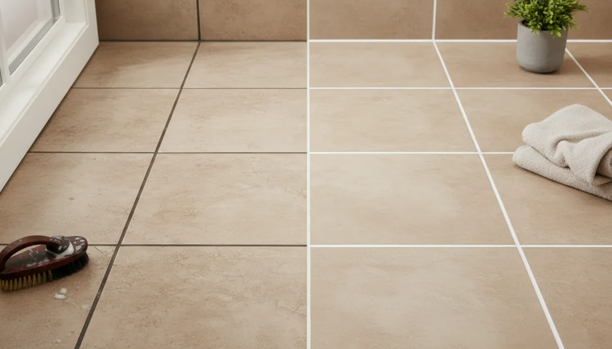 Before-and-after comparison of professionally cleaned tile and grout in a bathroom