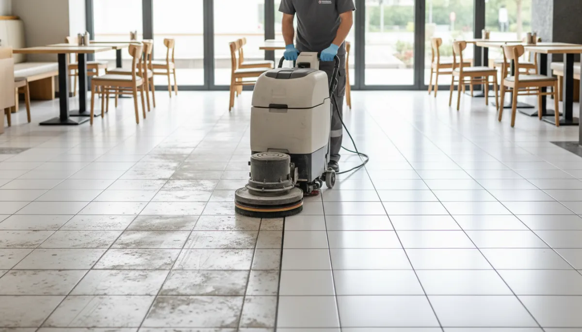 Technician using professional floor scrubber to clean commercial tile and grout