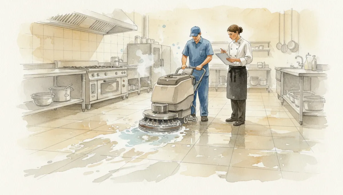 Technician deep cleaning non slip tile with a floor scrubber in a commercial kitchen