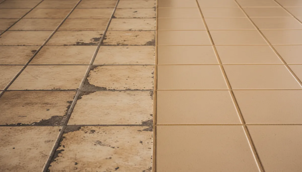 Comparison of heavily soiled grout and professionally cleaned, color-sealed grout in a commercial floor