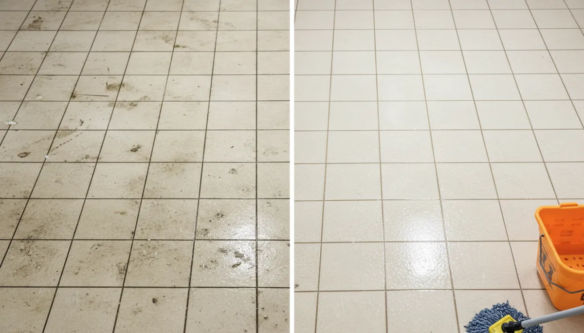 Before and after comparison of professional tile and grout cleaning in a commercial facility