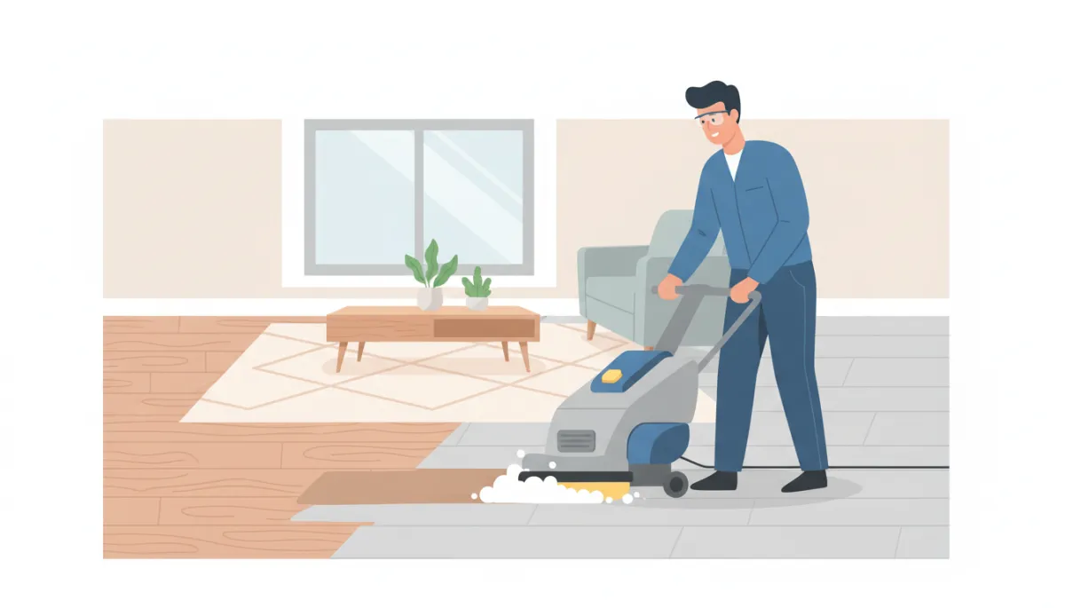Technician removing wax buildup from hardwood and LVP flooring in a home