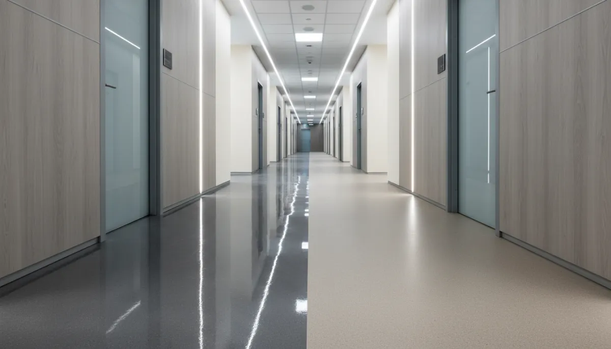 Side-by-side comparison of waxed and polyurethane-finished commercial flooring