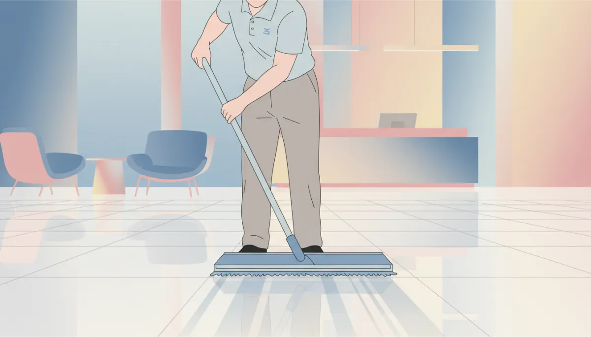 Technician applying a fresh wax finish to VCT flooring in a commercial space