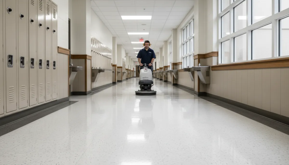 Technician using low-moisture Orbot-style machine on VCT hallway floor