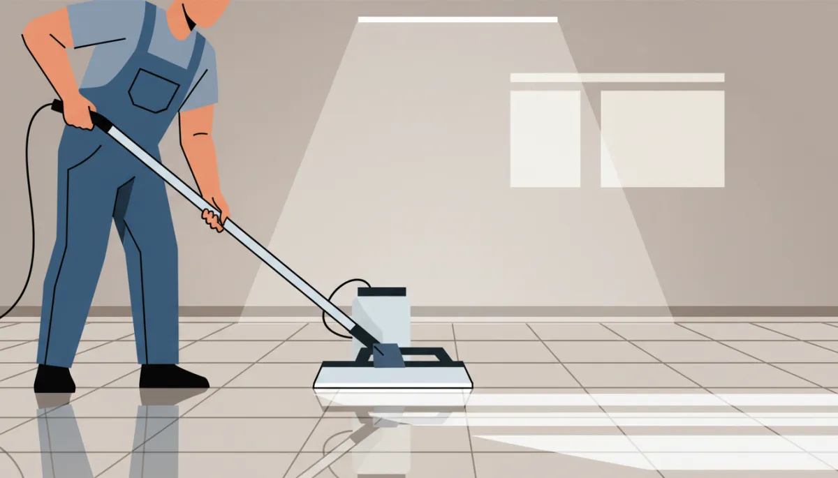 Technician applying a durable, glossy finish to VCT flooring