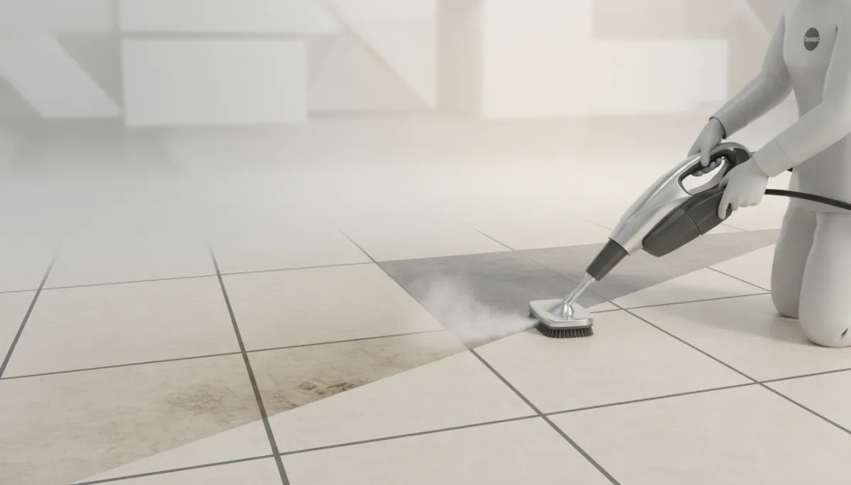Technician performing professional tile and grout cleaning on a bathroom floor