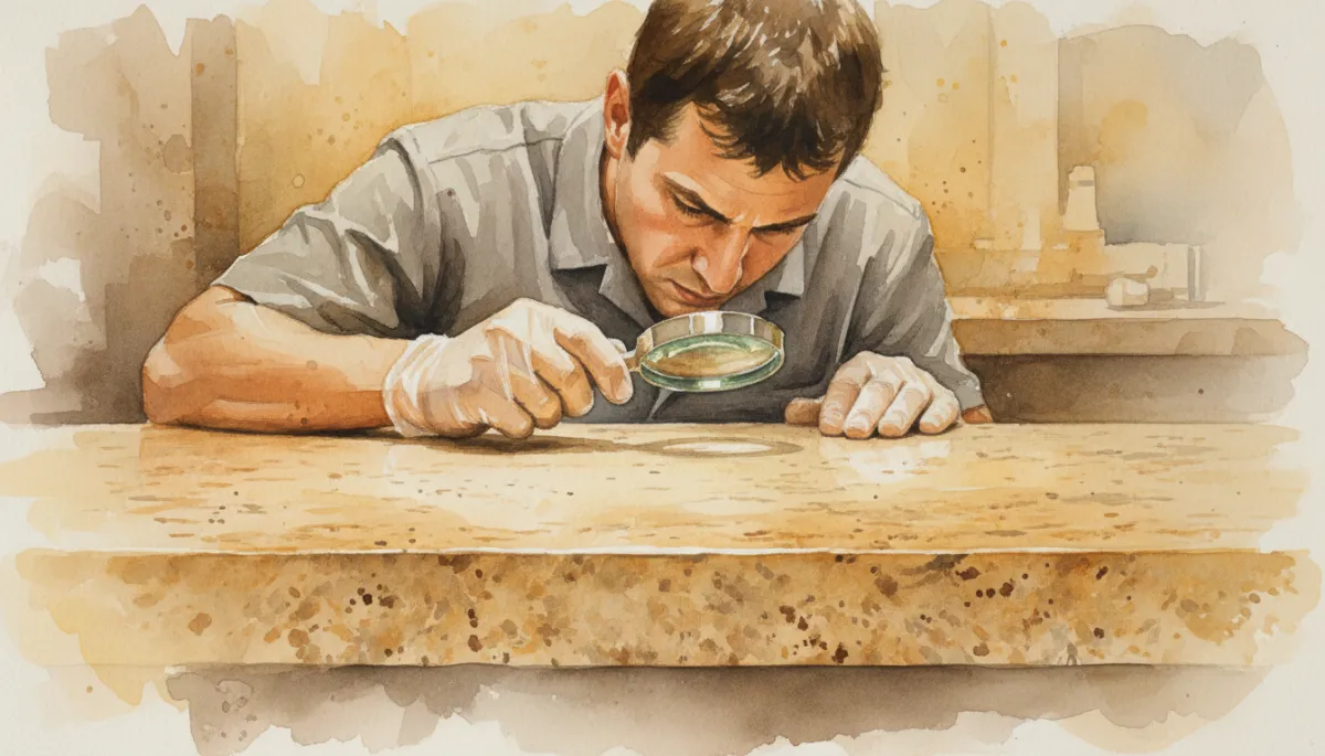 Technician inspecting the pores and texture of a stone countertop