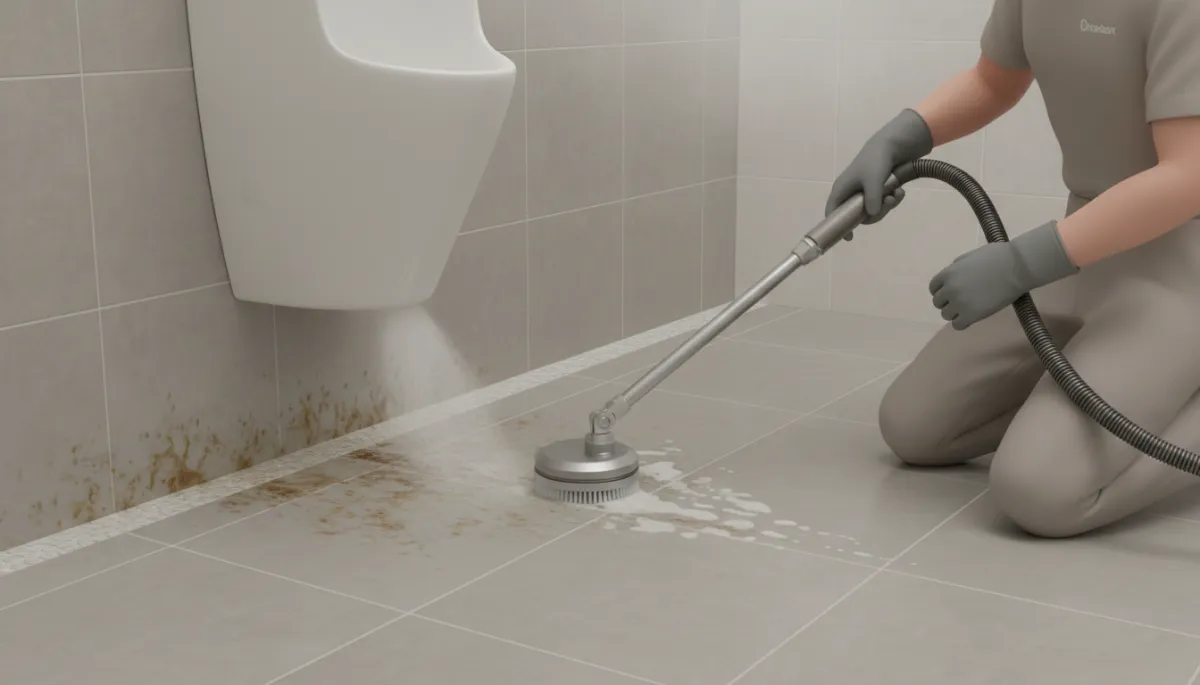 Professional cleaning of tile and grout around a commercial urinal