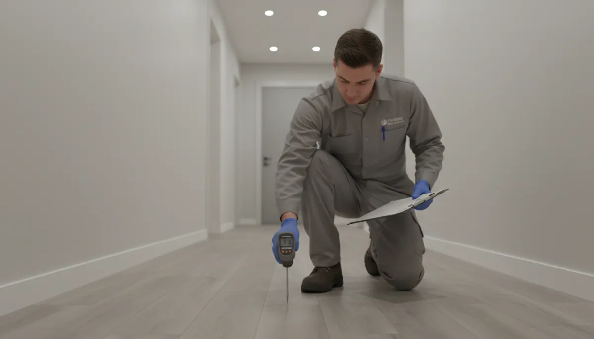 Technician from Triple I LLC professionally inspecting a restored hallway floor