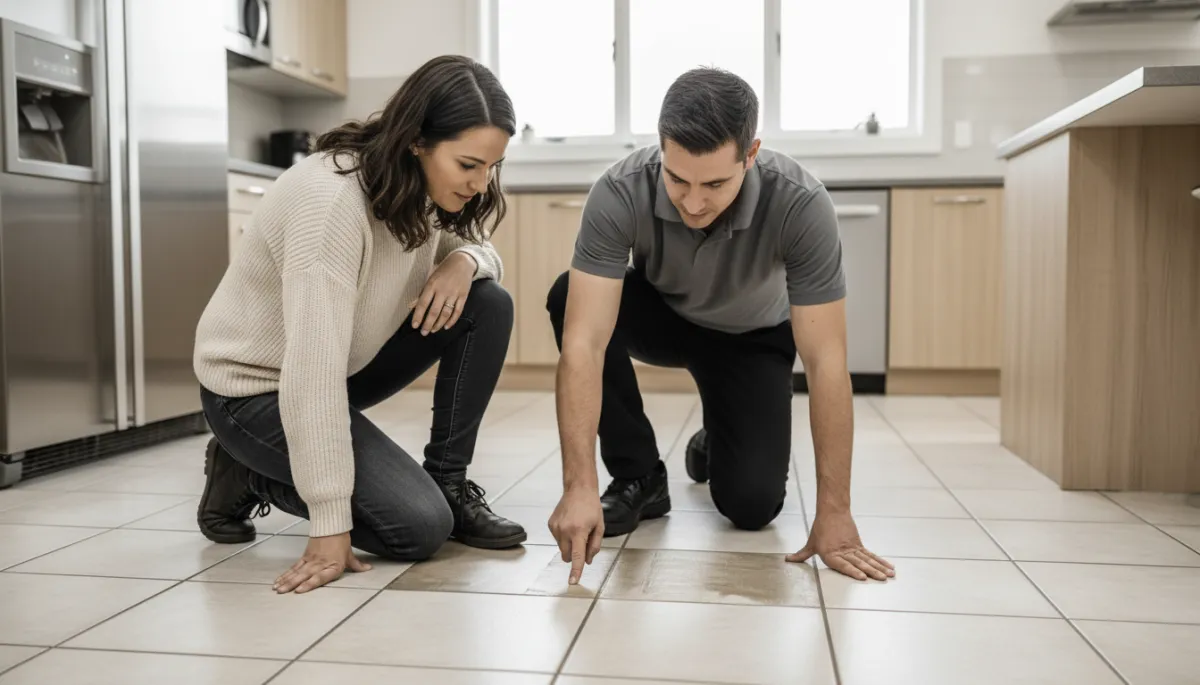 Technician and homeowner reviewing a cleaned test patch on tile and grout