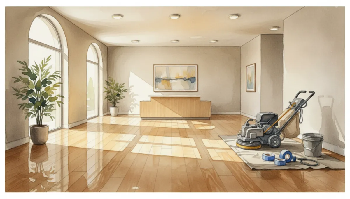 Freshly recoated commercial hardwood floor in a modern lobby