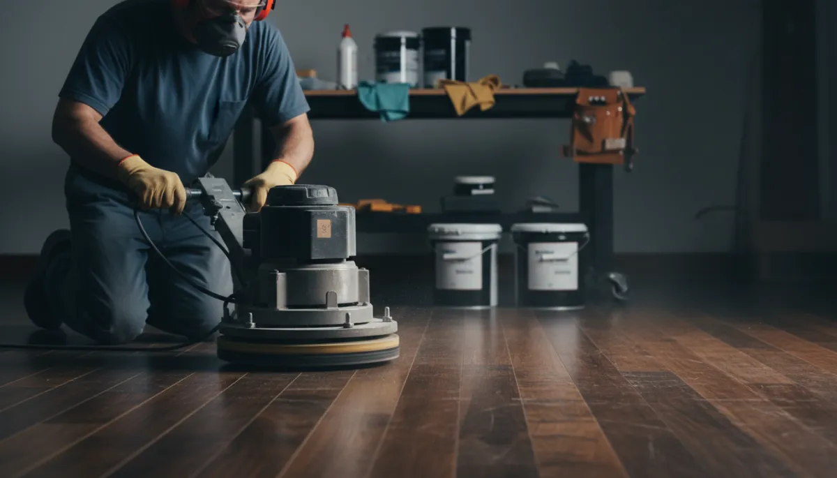 Technician screening hardwood floors with a professional buffer
