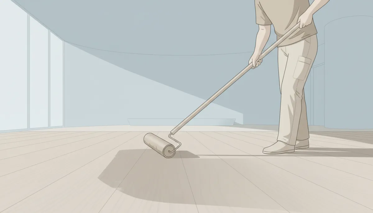 Professional applying fresh finish during floor recoating