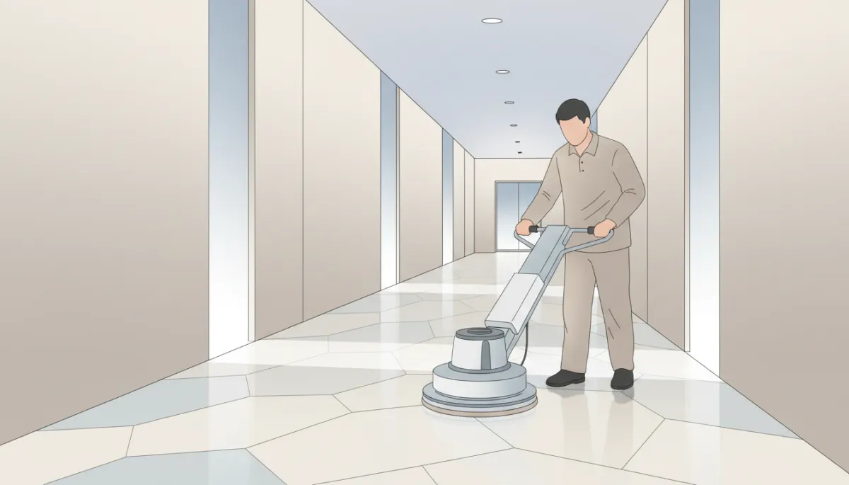 Technician screening and recoating luxury vinyl tile floor in a modern hallway