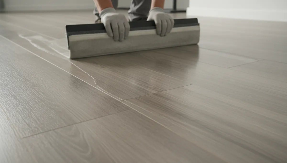 A photorealistic, high-quality image showing a close-up of a professional applying a clear polyurethane coating to luxury vinyl tile flooring using a specialized polyurethane applicator pad. The applicator should be clearly visible in the frame, demonstrating even, precise movement across the modern, stylish vinyl planks. The flooring has a clean, contemporary appearance with subtle texture, and the scene is well-lit to highlight both the sheen of the protective coating and the detail of the applicator tool. The setting is a modern home interior, projecting professionalism, cleanliness, and care in maintaining luxury vinyl flooring.