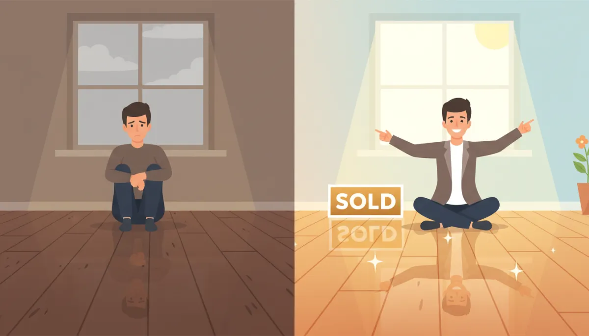A simple before-and-after illustration: on the left, a sad home seller and dull floor; on the right, the same seller looking happy with sparkling, restored floors and a 'sold' sign.
