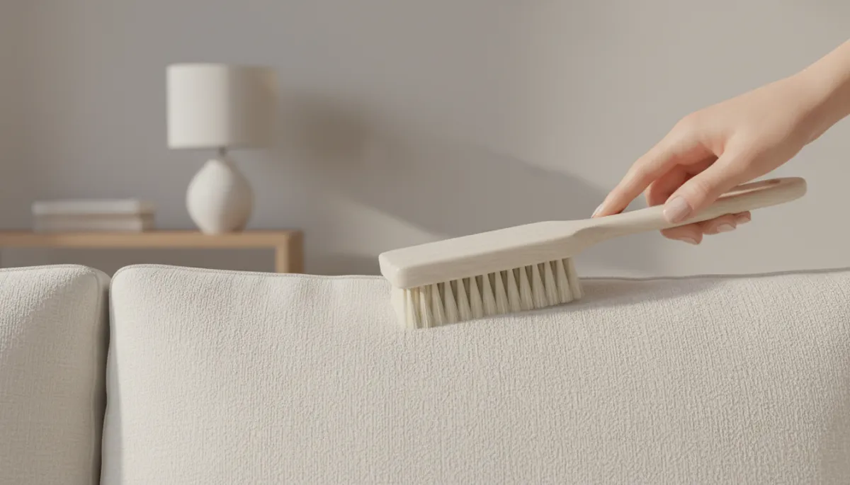 Hands brushing and lifting upholstery fibers on a sofa cushion