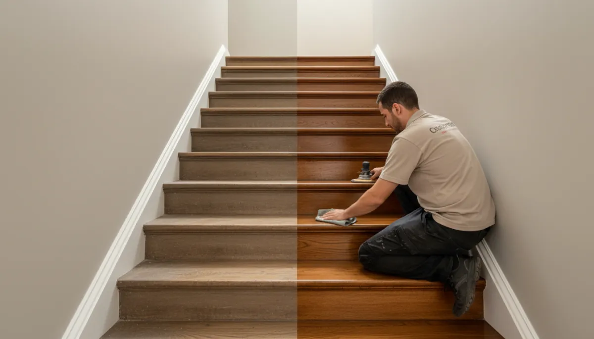 Before and after professional hardwood stair cleaning and restoration