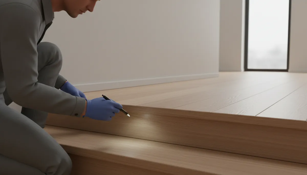 Technician inspecting hardwood stair treads and high-traffic hallway for wear patterns