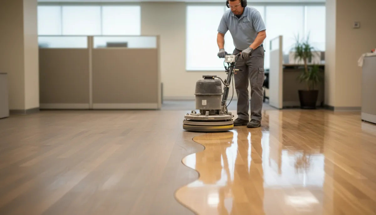 Technician screening and recoating commercial hardwood office flooring Technician screening and recoating commercial hardwood office flooring