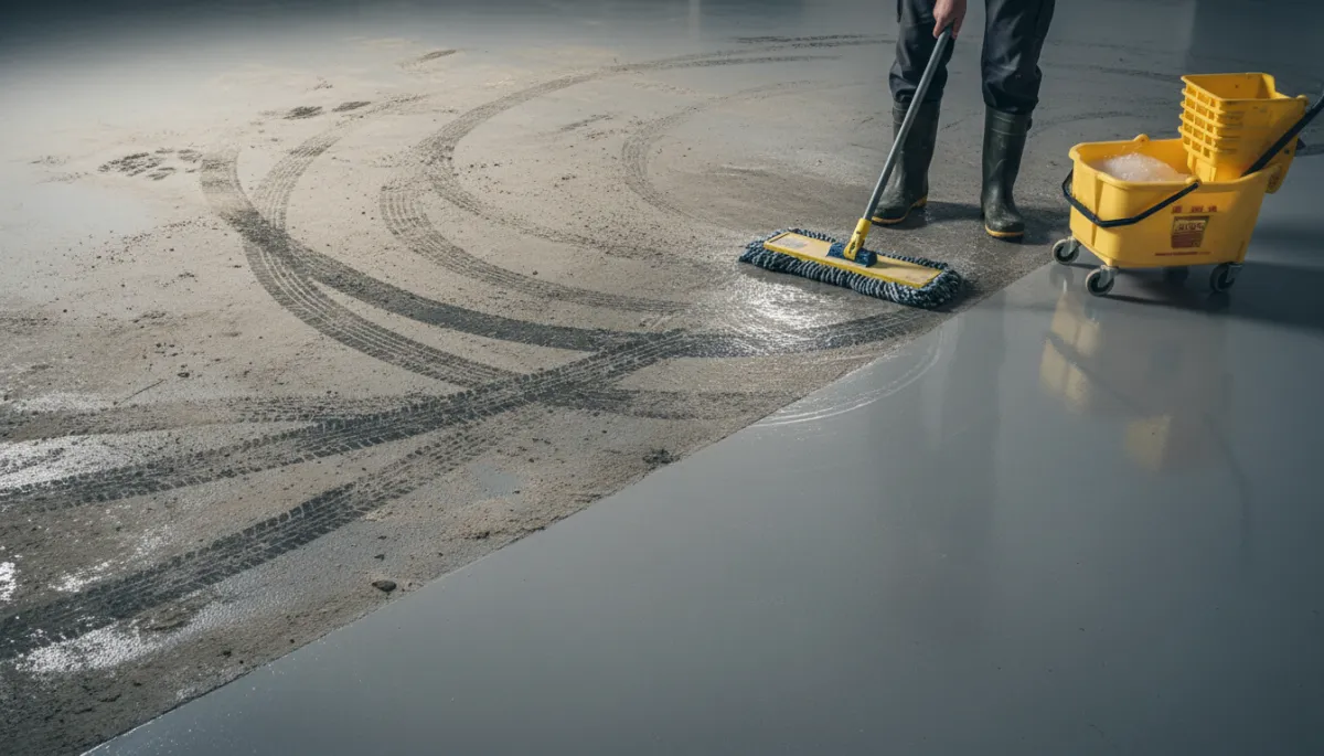 DIY cleaning in progress on a dirty epoxy floor DIY cleaning in progress on a dirty epoxy floor