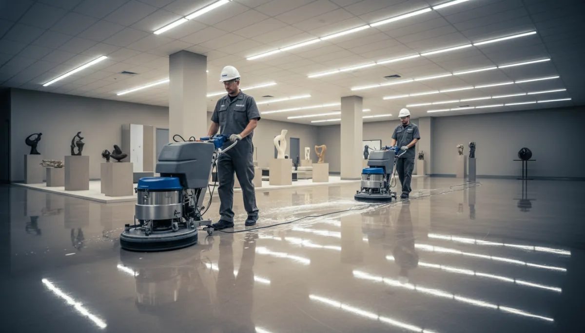 Professional crew cleaning a large commercial epoxy floor Professional crew cleaning a large commercial epoxy floor