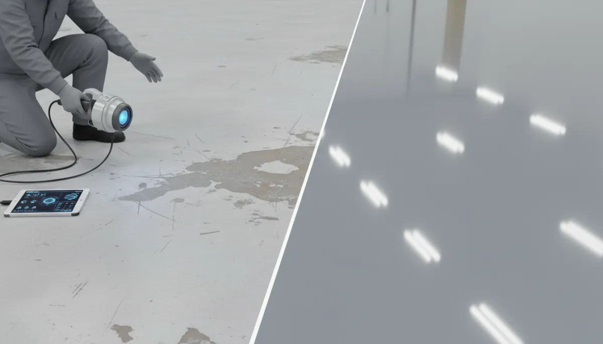 Technician inspecting and restoring a worn epoxy floor surface Technician inspecting and restoring a worn epoxy floor surface