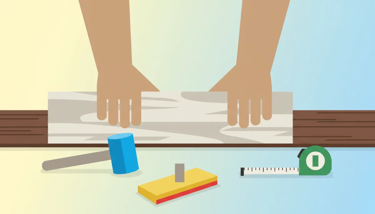 Professional installer carefully fitting luxury vinyl planks next to hardwood flooring Professional installer carefully fitting luxury vinyl planks next to hardwood flooring