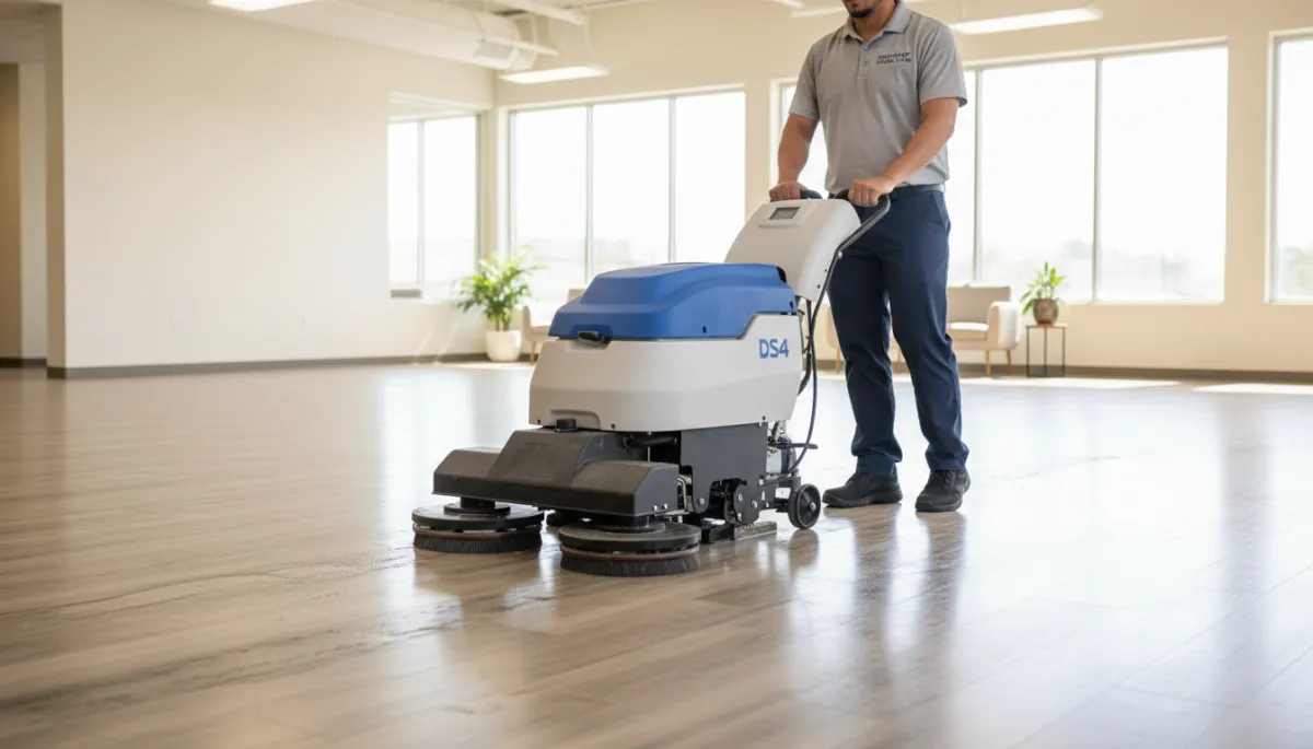 A photorealistic, high-resolution image of a professional DS4 LVT/LVP floor cleaning machine in action on a modern luxury vinyl tile (LVT/LVP) floor inside a bright, clean commercial or residential space. The machine is actively cleaning, with a technician operating it, wearing clean, branded work attire. The floor beneath the machine appears glossy and freshly cleaned, showing a clear contrast with a duller section that has not yet been cleaned. The setting should evoke a sense of professionalism and expertise, emphasizing the importance of proper maintenance for East Valley homes and businesses. The overall atmosphere is well-lit and inviting, with attention to detail on the texture and shine of the LVT/LVP flooring, reinforcing the benefits of professional cleaning and re-coating services. A photorealistic, high-resolution image of a professional DS4 LVT/LVP floor cleaning machine in action on a modern luxury vinyl tile (LVT/LVP) floor inside a bright, clean commercial or residential space. The machine is actively cleaning, with a technician operating it, wearing clean, branded work attire. The floor beneath the machine appears glossy and freshly cleaned, showing a clear contrast with a duller section that has not yet been cleaned. The setting should evoke a sense of professionalism and expertise, emphasizing the importance of proper maintenance for East Valley homes and businesses. The overall atmosphere is well-lit and inviting, with attention to detail on the texture and shine of the LVT/LVP flooring, reinforcing the benefits of professional cleaning and re-coating services.