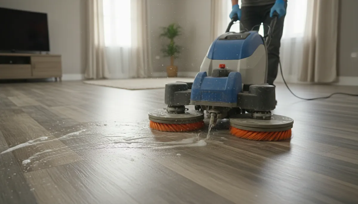 Comparison of dull vinyl plank flooring and a restored, re-coated section Comparison of dull vinyl plank flooring and a restored, re-coated section