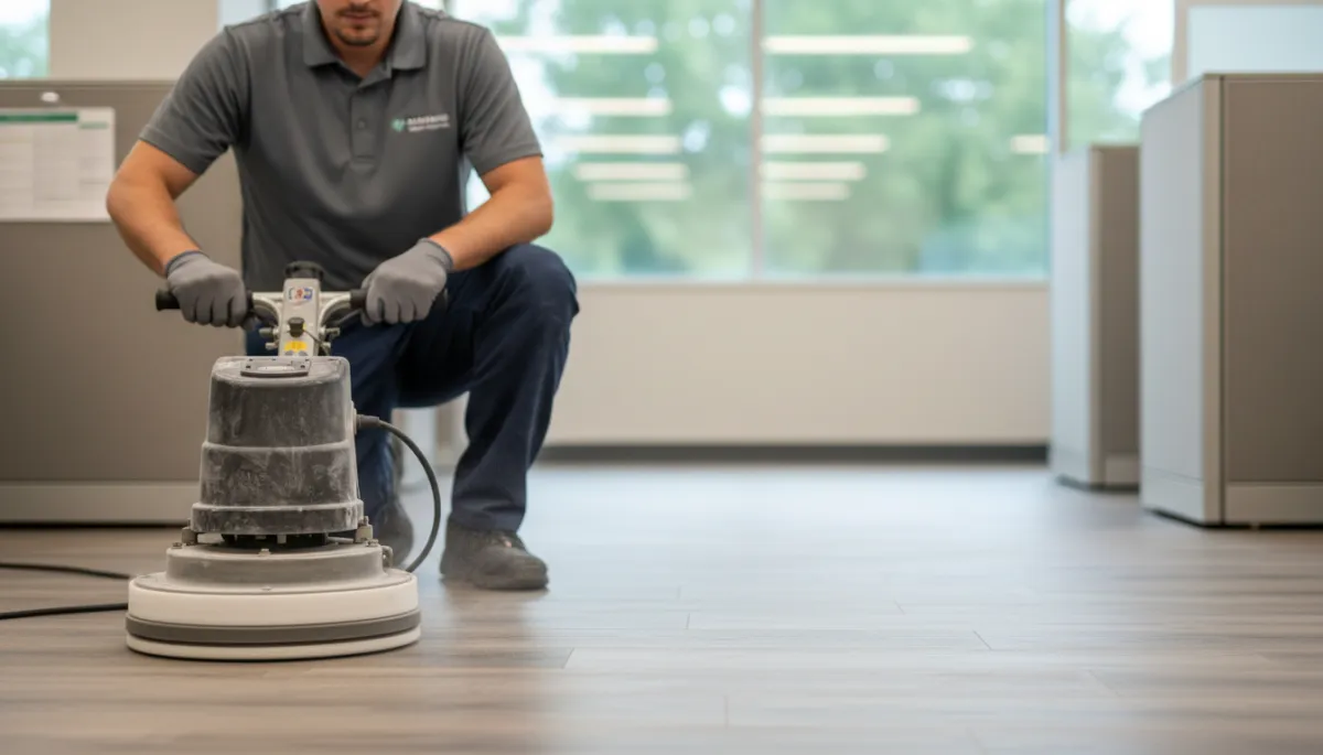 Technician screening and re-coating LVT floors in a modern office Technician screening and re-coating LVT floors in a modern office