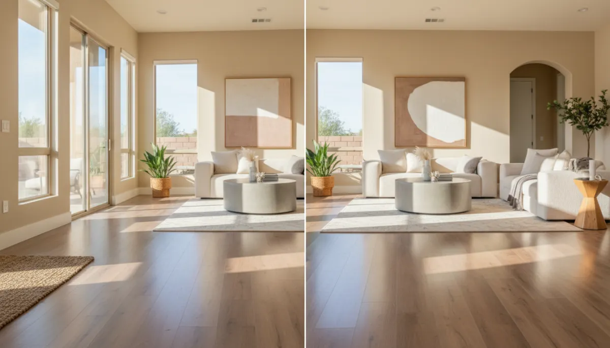 Photorealistic, high-resolution image showing a side-by-side comparison of luxury vinyl plank (LVP) flooring in a bright, modern Arizona home. The left side of the floor appears dull, scuffed, and worn, while the right side is freshly cleaned, screened, and recoated, displaying a vibrant, glossy, and well-protected surface. Warm natural light filters through large windows, highlighting the dramatic difference between the untreated and professionally serviced flooring. The setting is an open-plan living space with tasteful, minimalist furnishings, ensuring the focus remains on the transformation of the vinyl floors. Photorealistic, high-resolution image showing a side-by-side comparison of luxury vinyl plank (LVP) flooring in a bright, modern Arizona home. The left side of the floor appears dull, scuffed, and worn, while the right side is freshly cleaned, screened, and recoated, displaying a vibrant, glossy, and well-protected surface. Warm natural light filters through large windows, highlighting the dramatic difference between the untreated and professionally serviced flooring. The setting is an open-plan living space with tasteful, minimalist furnishings, ensuring the focus remains on the transformation of the vinyl floors.