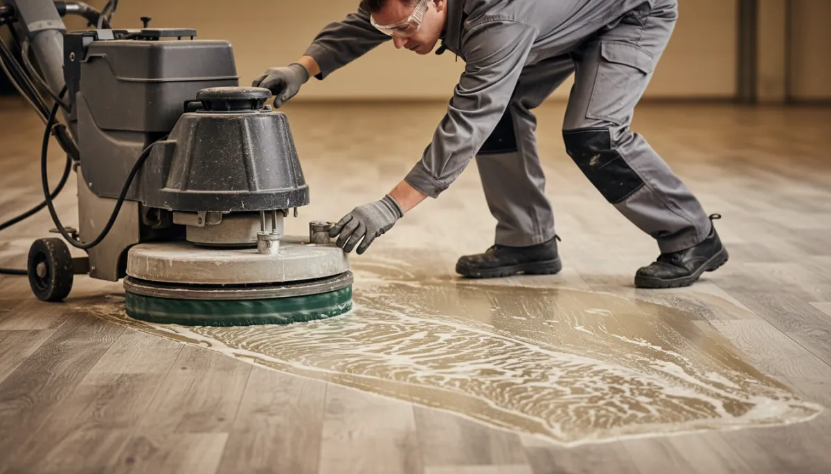 Technician removing wax buildup from luxury vinyl flooring in an East Valley home Technician removing wax buildup from luxury vinyl flooring in an East Valley home