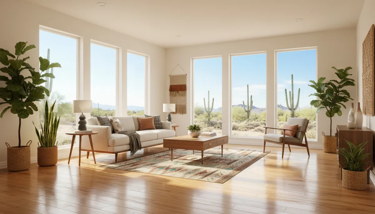 A photorealistic, high-resolution image of a sunlit, modern living room in an Arizona East Valley home, featuring beautifully restored LVT/LVP floors with a natural wood grain finish. The floor appears clean, glossy, and well-maintained, reflecting natural light from large windows that offer a glimpse of a desert landscape with cacti and blue sky. The room is tastefully decorated with contemporary furniture, potted plants, and subtle Southwestern accents, emphasizing the beauty and protection of the renewed flooring. No people are present, ensuring the focus remains on the pristine floors. A photorealistic, high-resolution image of a sunlit, modern living room in an Arizona East Valley home, featuring beautifully restored LVT/LVP floors with a natural wood grain finish. The floor appears clean, glossy, and well-maintained, reflecting natural light from large windows that offer a glimpse of a desert landscape with cacti and blue sky. The room is tastefully decorated with contemporary furniture, potted plants, and subtle Southwestern accents, emphasizing the beauty and protection of the renewed flooring. No people are present, ensuring the focus remains on the pristine floors.
