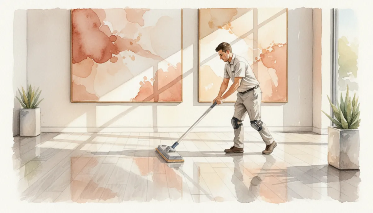 professional, neutral-toned photo of a floor technician applying a protective re-coat to LVP flooring in a Scottsdale commercial lobby, clean lines and modern decor professional, neutral-toned photo of a floor technician applying a protective re-coat to LVP flooring in a Scottsdale commercial lobby, clean lines and modern decor