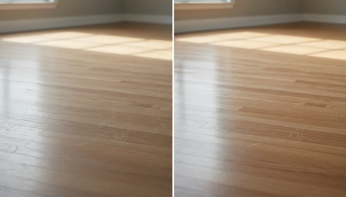 Before and after hardwood floor restoration with screen and recoat in Arizona Before and after hardwood floor restoration with screen and recoat in Arizona
