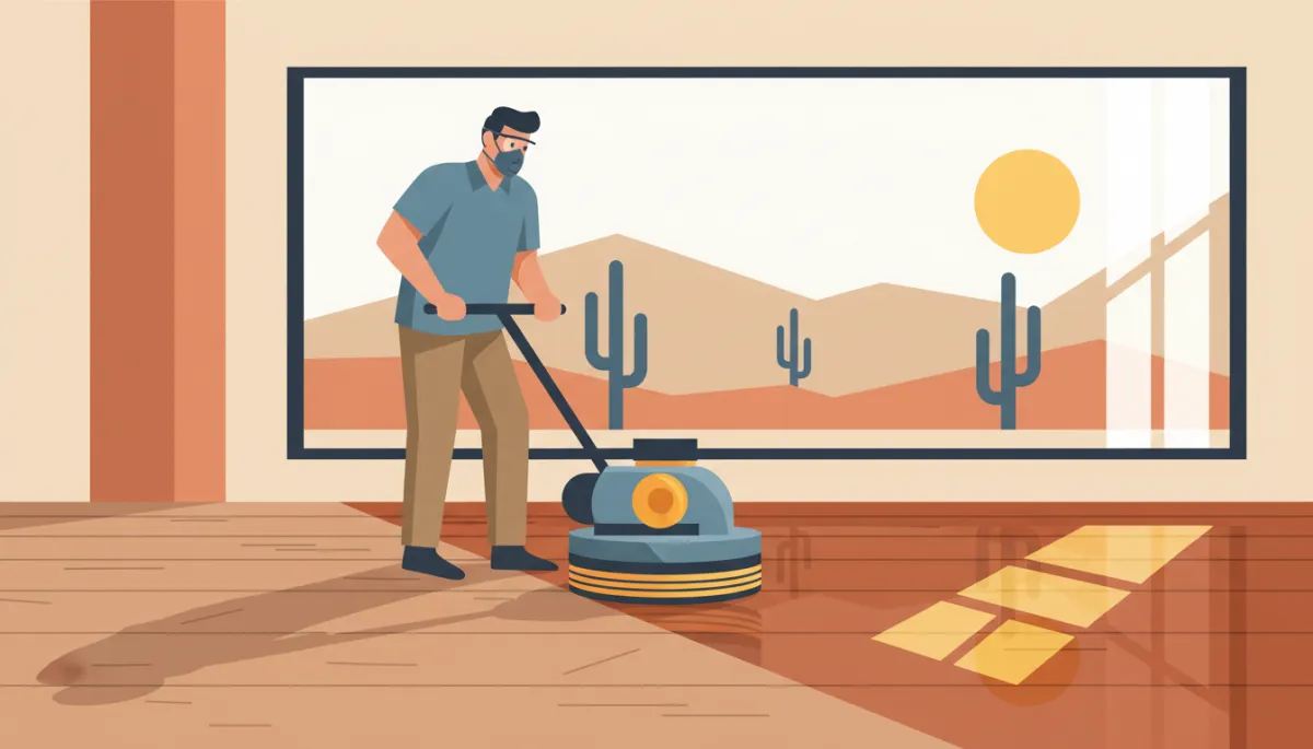 Technician screening a hardwood floor before applying a fresh coat of finish Technician screening a hardwood floor before applying a fresh coat of finish