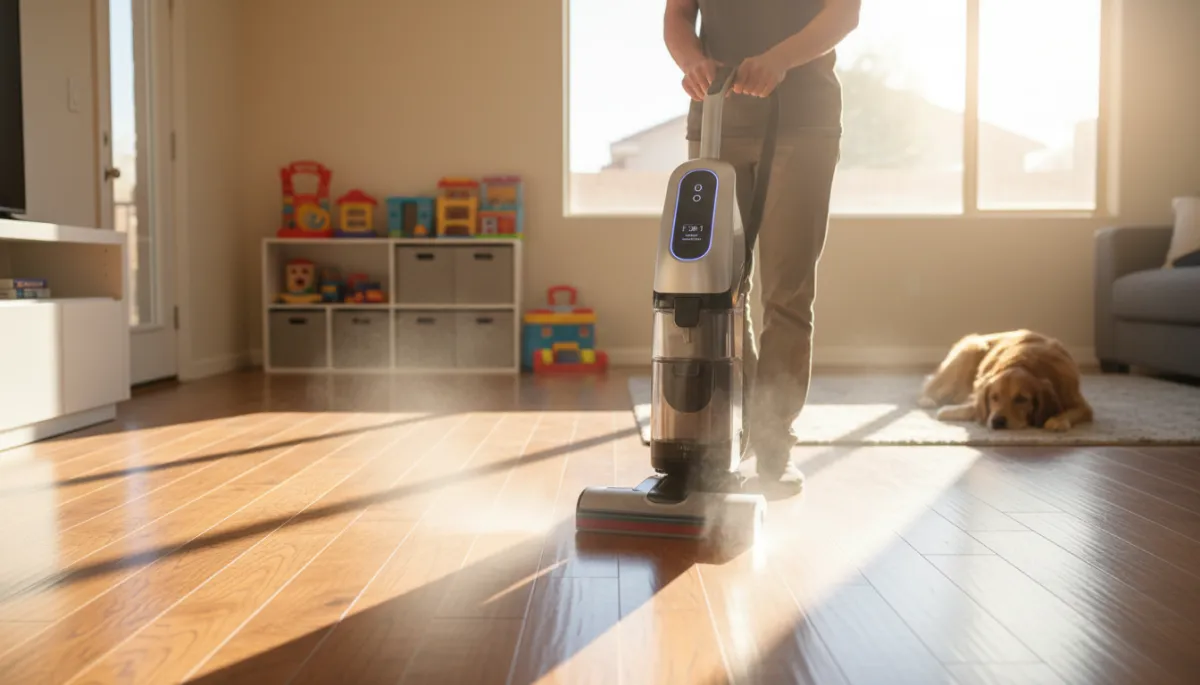 Technician applying new protective finish to hardwood floor in family home Technician applying new protective finish to hardwood floor in family home