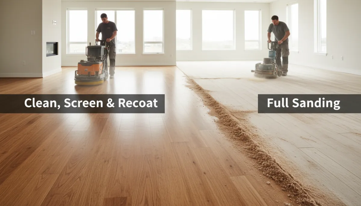 add a real picture. Context: This is for a blog post about "Clean, Screen & Recoat vs. Full Sanding: How to Save Big on Your Hardwood Floors". Style: Professional quality, photorealistic, high resolution add a real picture. Context: This is for a blog post about "Clean, Screen & Recoat vs. Full Sanding: How to Save Big on Your Hardwood Floors". Style: Professional quality, photorealistic, high resolution